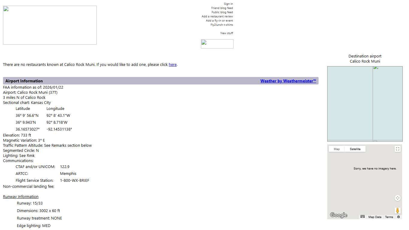 fly2lunch.com Calico Rock Muni Restaurant & Airport Information